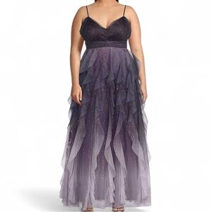 Plus Size Ombre Glitter Mesh Sleeveless V-Neck Purple Dress, Ruffle, prom hoco​